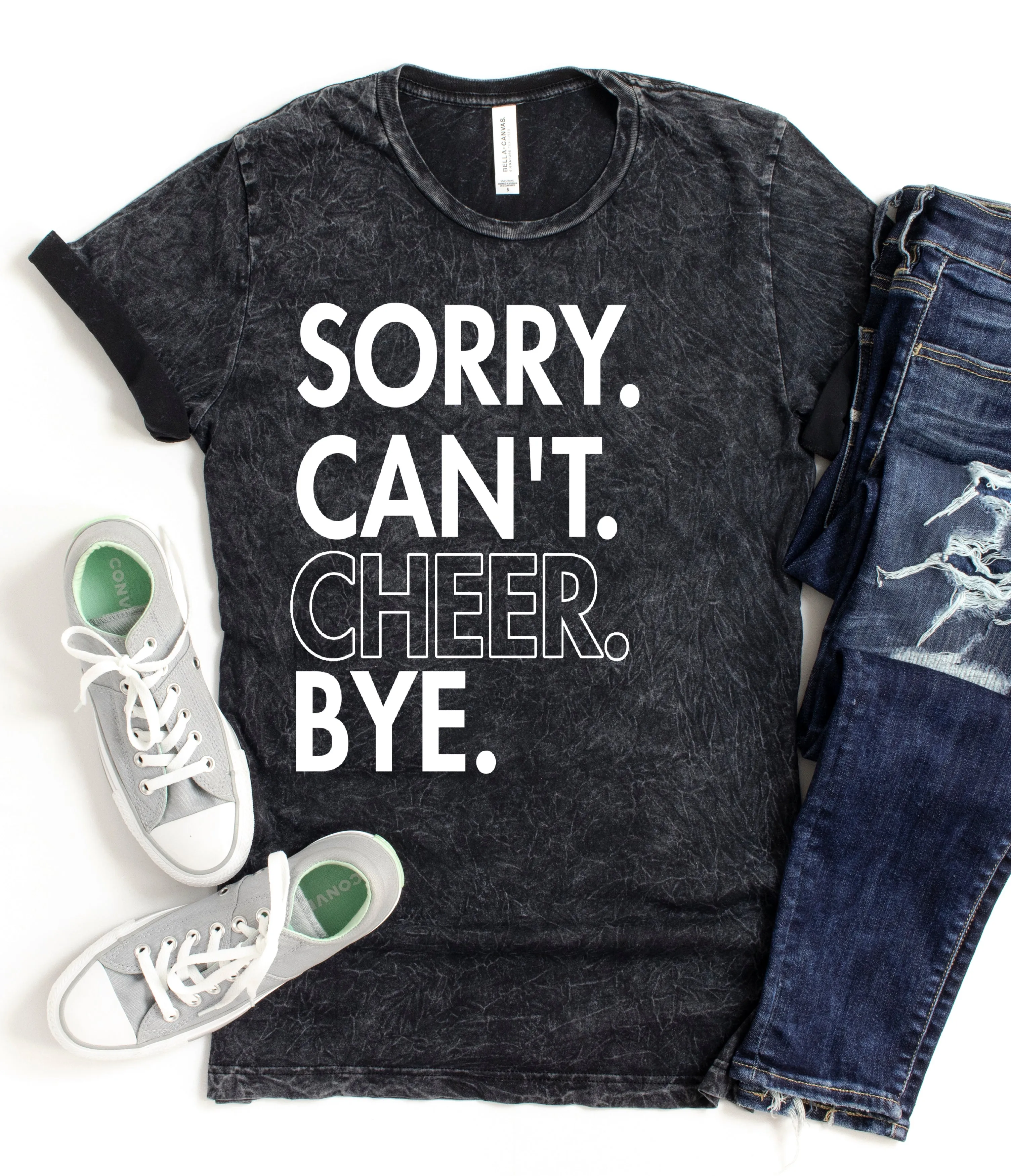 Acid Mineral Wash Sorry. Can't. Cheer. Bye.  Rocker Tee/ Adult Tees / Cheerleader Cheer Mom Shirt