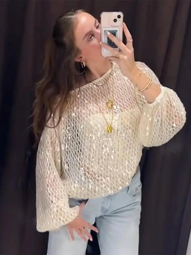 ADVBRIDGE  -  Women Sequin Mesh Top T-Shirt Knitted Hollowed Out Beads Sparkling Short Blouse Pullover Long Sleeves Fashion Baggy Knitwear