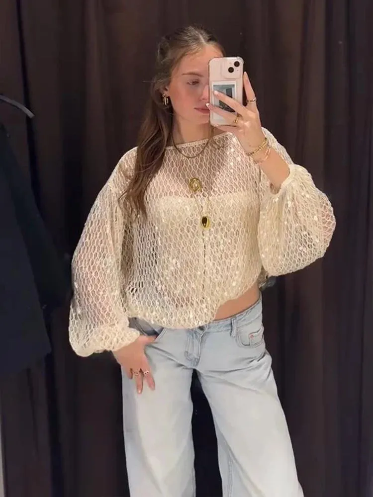 ADVBRIDGE  -  Women Sequin Mesh Top T-Shirt Knitted Hollowed Out Beads Sparkling Short Blouse Pullover Long Sleeves Fashion Baggy Knitwear