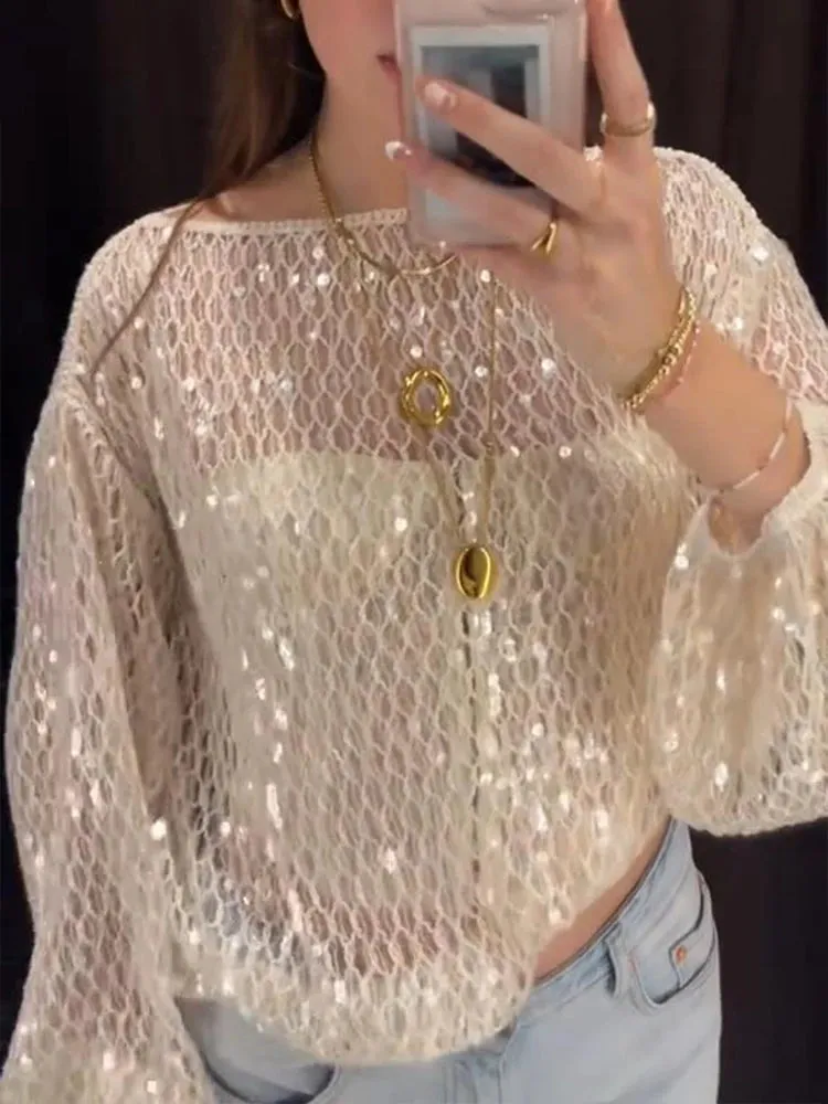 ADVBRIDGE  -  Women Sequin Mesh Top T-Shirt Knitted Hollowed Out Beads Sparkling Short Blouse Pullover Long Sleeves Fashion Baggy Knitwear