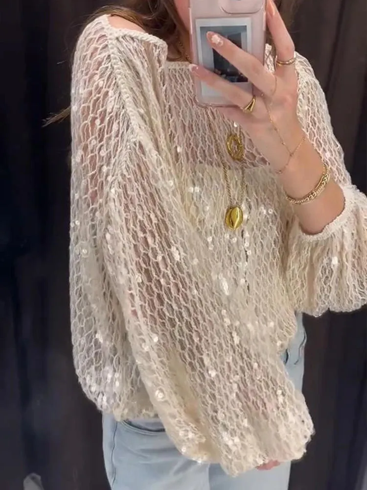 ADVBRIDGE  -  Women Sequin Mesh Top T-Shirt Knitted Hollowed Out Beads Sparkling Short Blouse Pullover Long Sleeves Fashion Baggy Knitwear