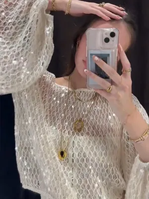 ADVBRIDGE  -  Women Sequin Mesh Top T-Shirt Knitted Hollowed Out Beads Sparkling Short Blouse Pullover Long Sleeves Fashion Baggy Knitwear