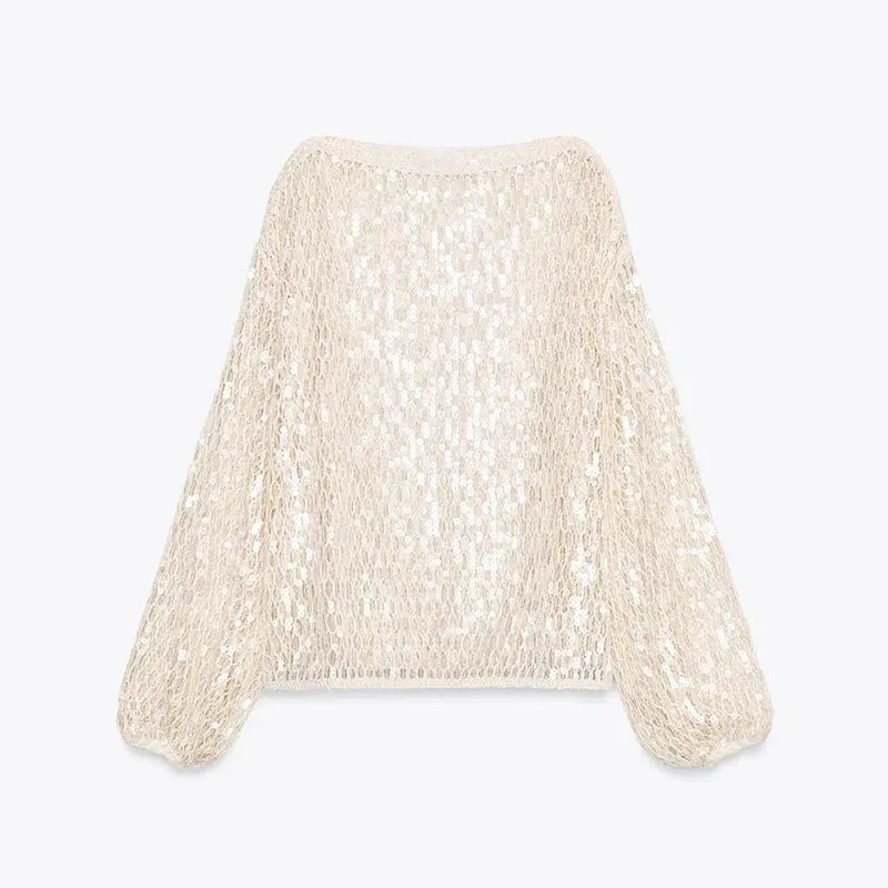 ADVBRIDGE  -  Women Sequin Mesh Top T-Shirt Knitted Hollowed Out Beads Sparkling Short Blouse Pullover Long Sleeves Fashion Baggy Knitwear