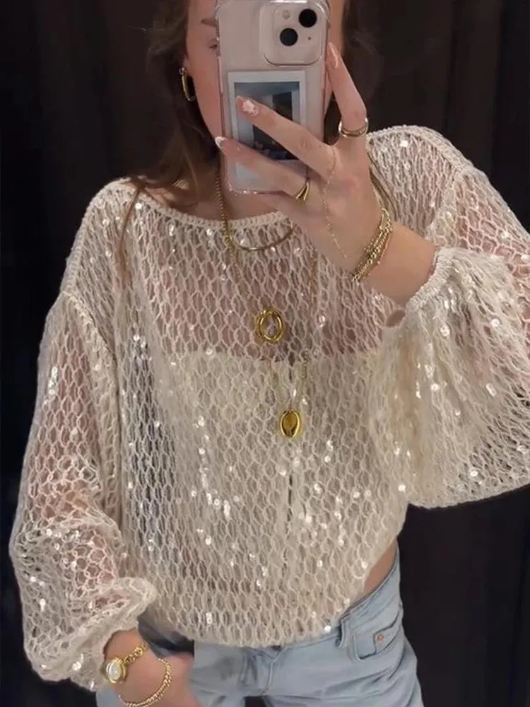 ADVBRIDGE  -  Women Sequin Mesh Top T-Shirt Knitted Hollowed Out Beads Sparkling Short Blouse Pullover Long Sleeves Fashion Baggy Knitwear