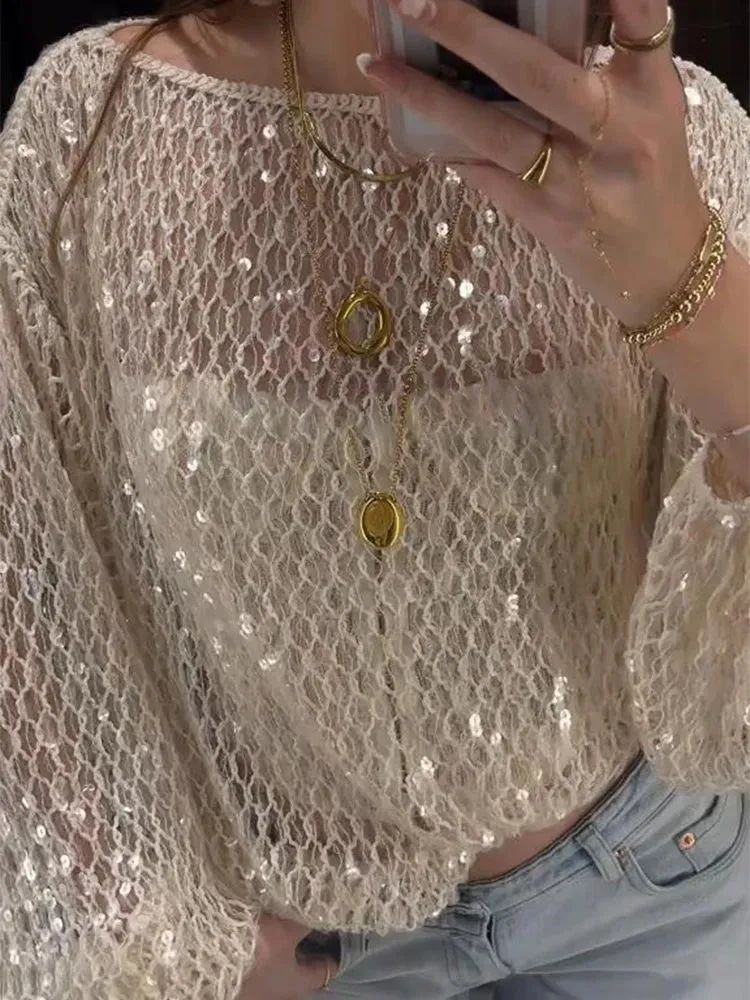 ADVBRIDGE  -  Women Sequin Mesh Top T-Shirt Knitted Hollowed Out Beads Sparkling Short Blouse Pullover Long Sleeves Fashion Baggy Knitwear