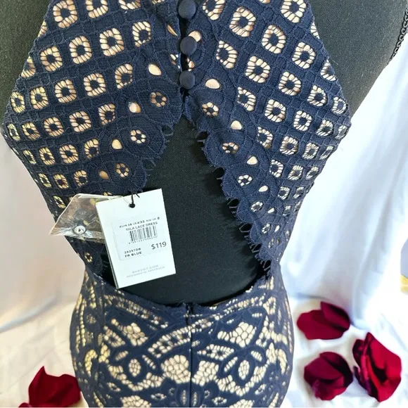 Bardót Mila French Blue Lace Sheath Dress Open Back Button Neck Size 4 NWT
