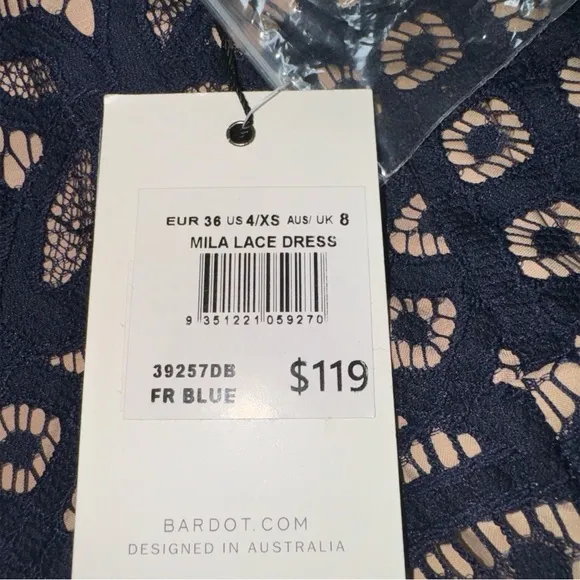 Bardót Mila French Blue Lace Sheath Dress Open Back Button Neck Size 4 NWT