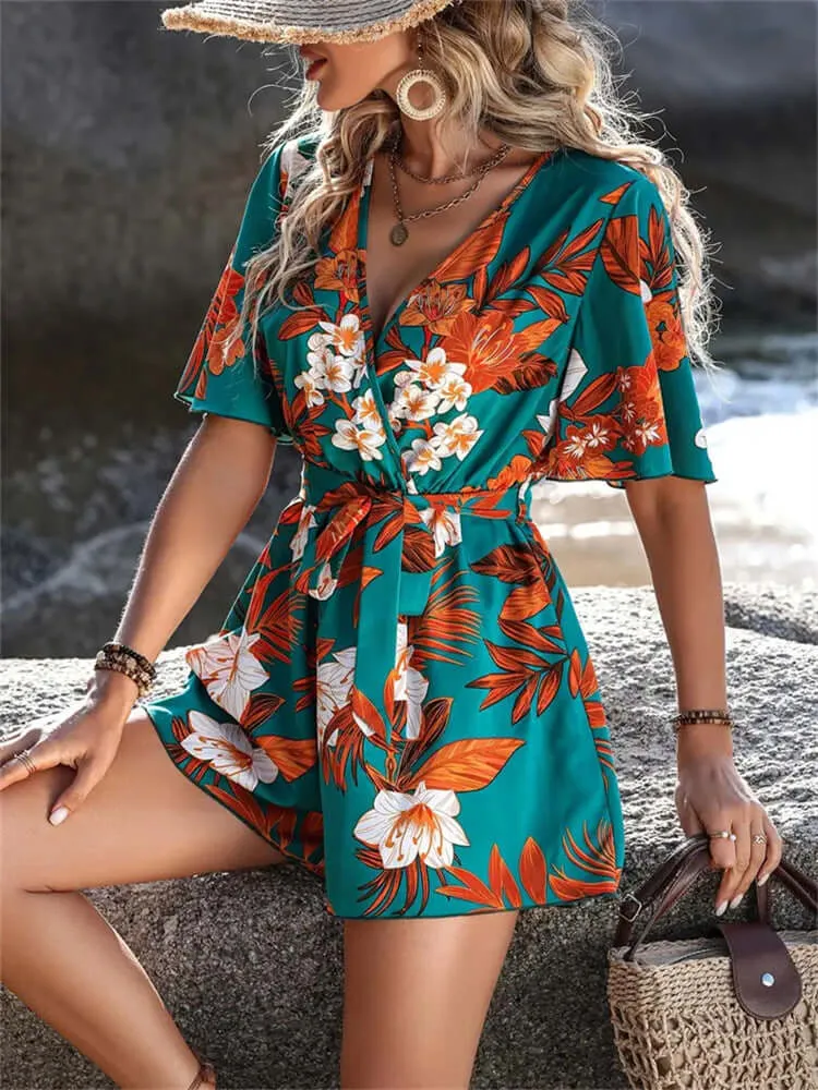 Beach Vacation Ruffle Sleeve Short Culottes Printed Jumpsuit