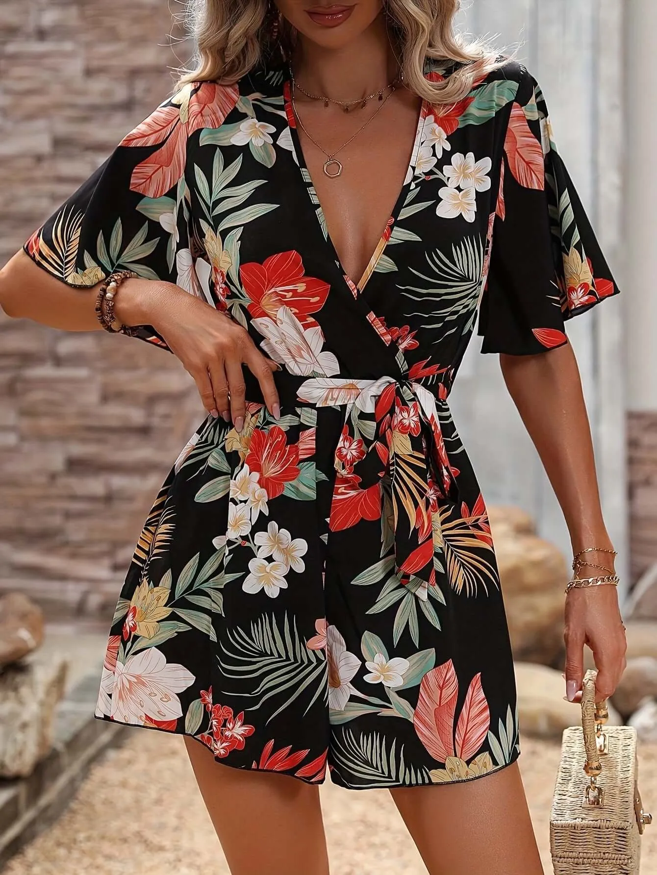 Beach Vacation Ruffle Sleeve Short Culottes Printed Jumpsuit