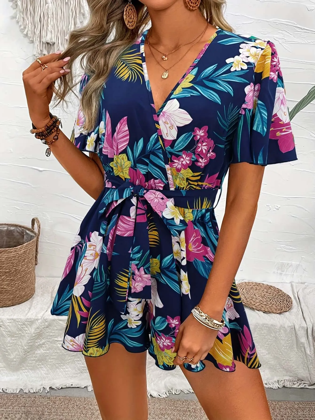 Beach Vacation Ruffle Sleeve Short Culottes Printed Jumpsuit