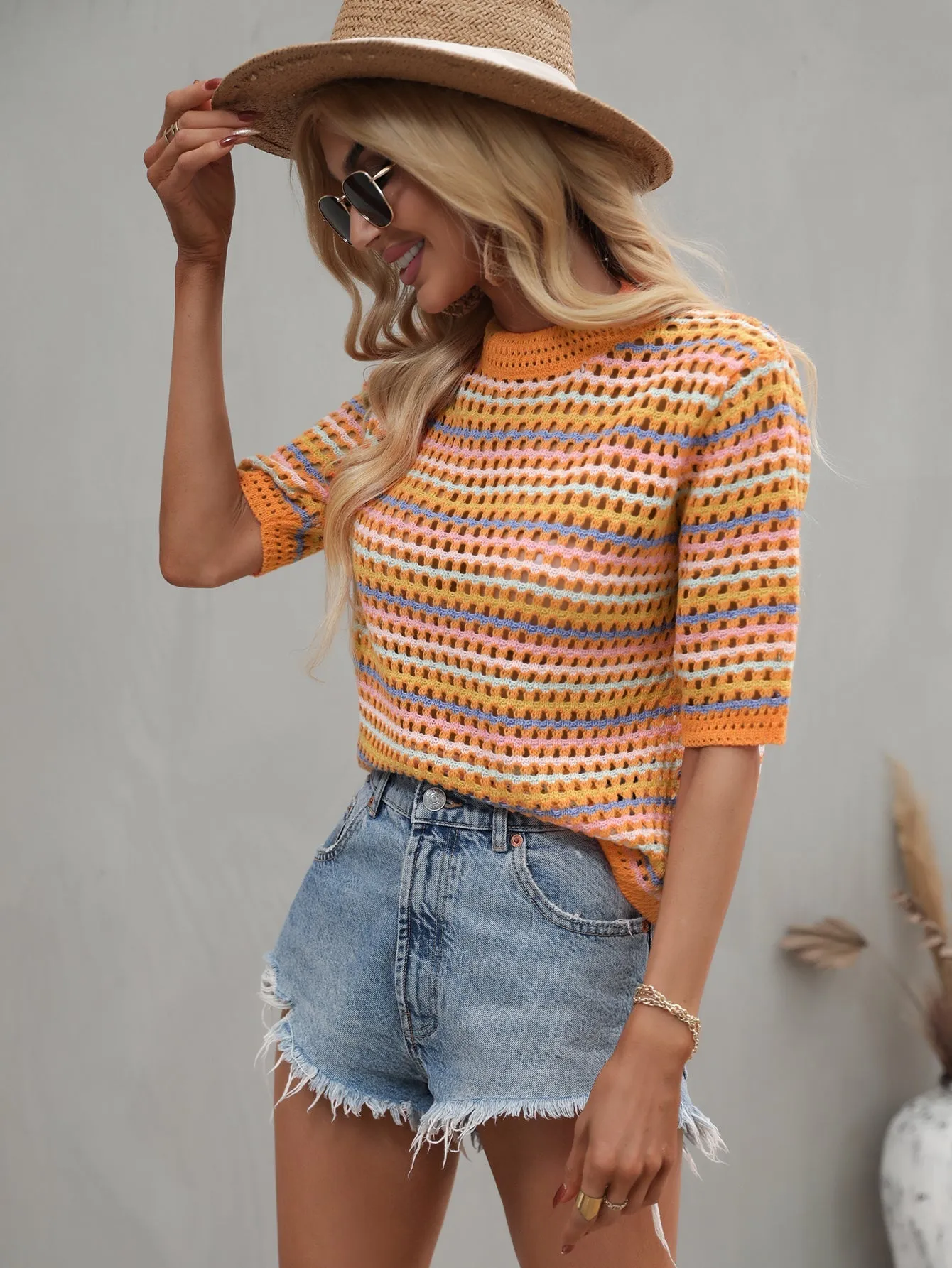 Bee Crochet Knit Top - Orange Strip