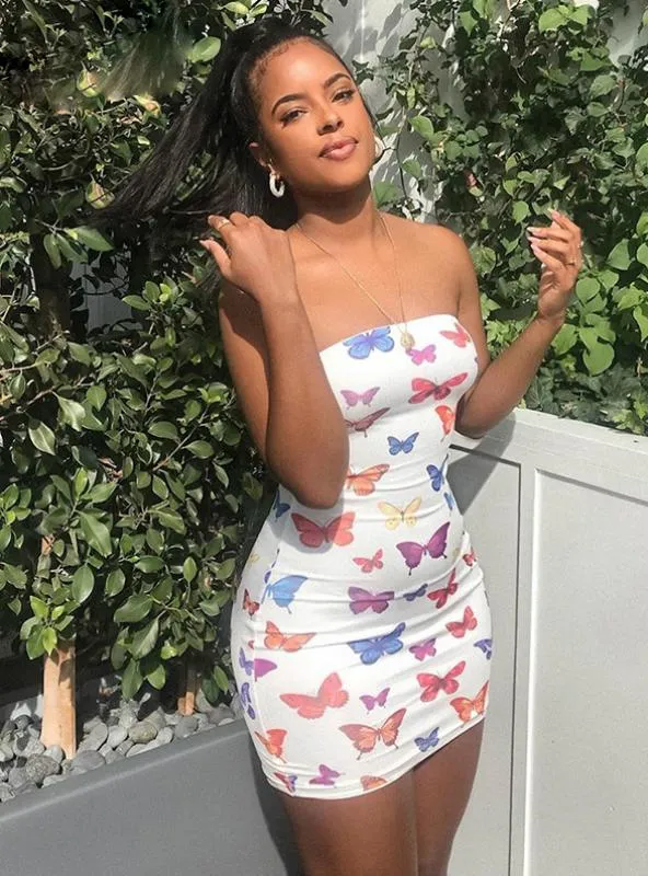 BerryBetty - Butterfly Print Strapless Women Party Dress