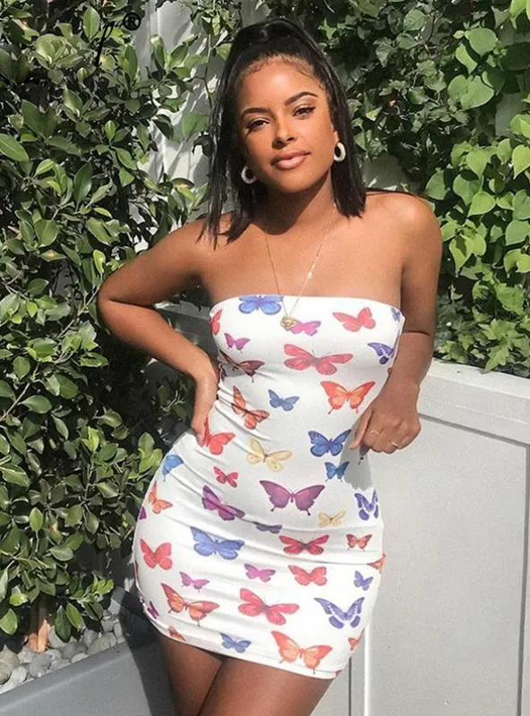 BerryBetty - Butterfly Print Strapless Women Party Dress