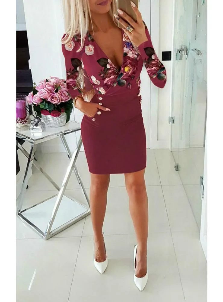 BerryBetty - Deep V Neck Sexy Dresses Autumn Floral Print Dress