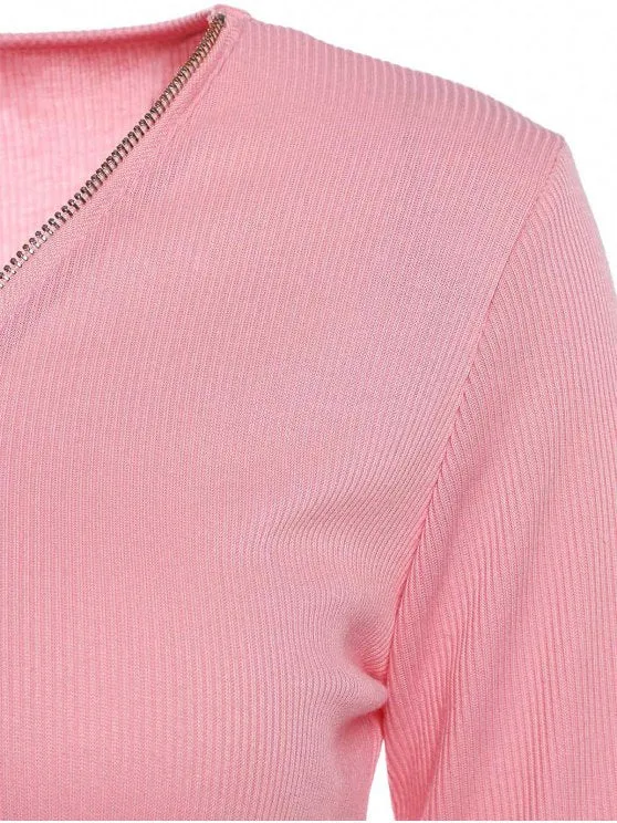 BerryBetty - Fashion Zipper Plunging Neck Long Sleeve Bodycon Dress