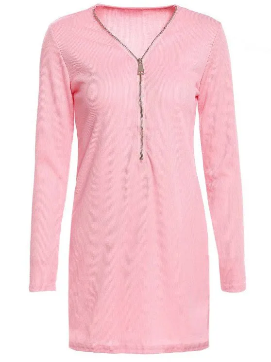 BerryBetty - Fashion Zipper Plunging Neck Long Sleeve Bodycon Dress
