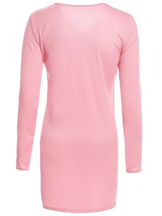 BerryBetty - Fashion Zipper Plunging Neck Long Sleeve Bodycon Dress
