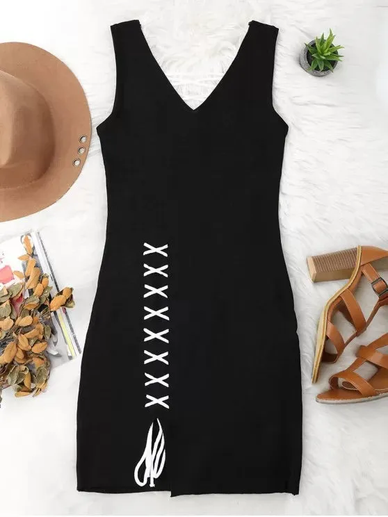BerryBetty - Fun Lace Up Cut Hem Bodycon Knit Dress