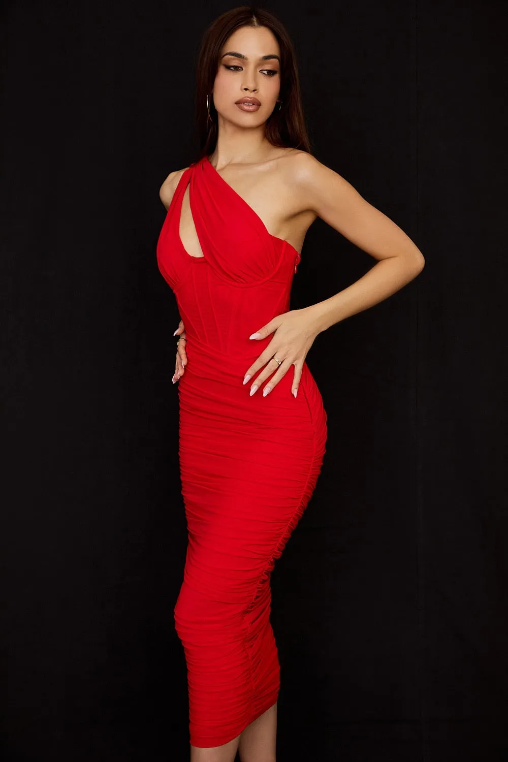 BerryBetty - Summer Midi Mesh Dress Bodycon One Shoulder Draped Dress Women Night Party Dress Elegant Vestidos Stretchy High Quality