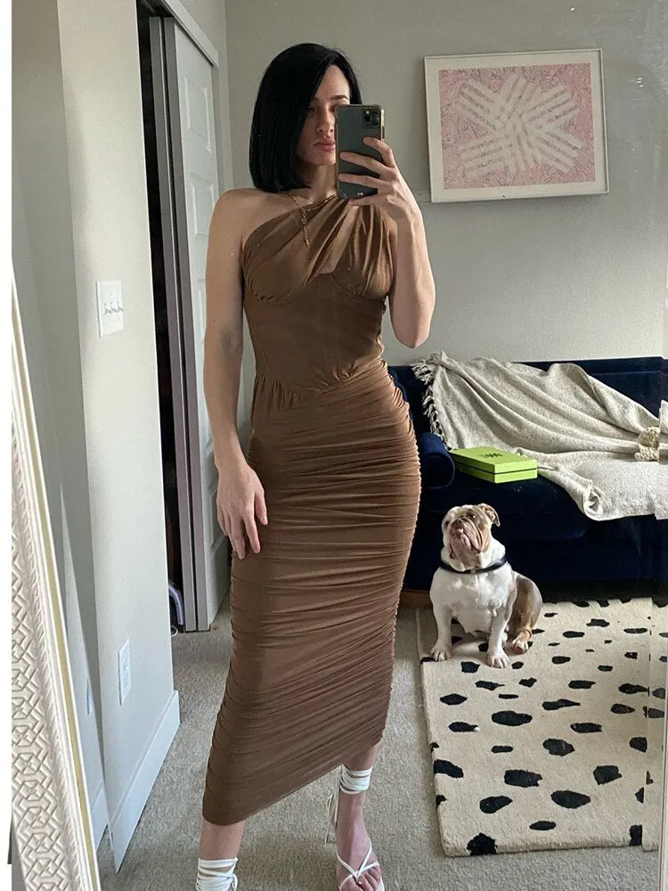 BerryBetty - Summer Midi Mesh Dress Bodycon One Shoulder Draped Dress Women Night Party Dress Elegant Vestidos Stretchy High Quality