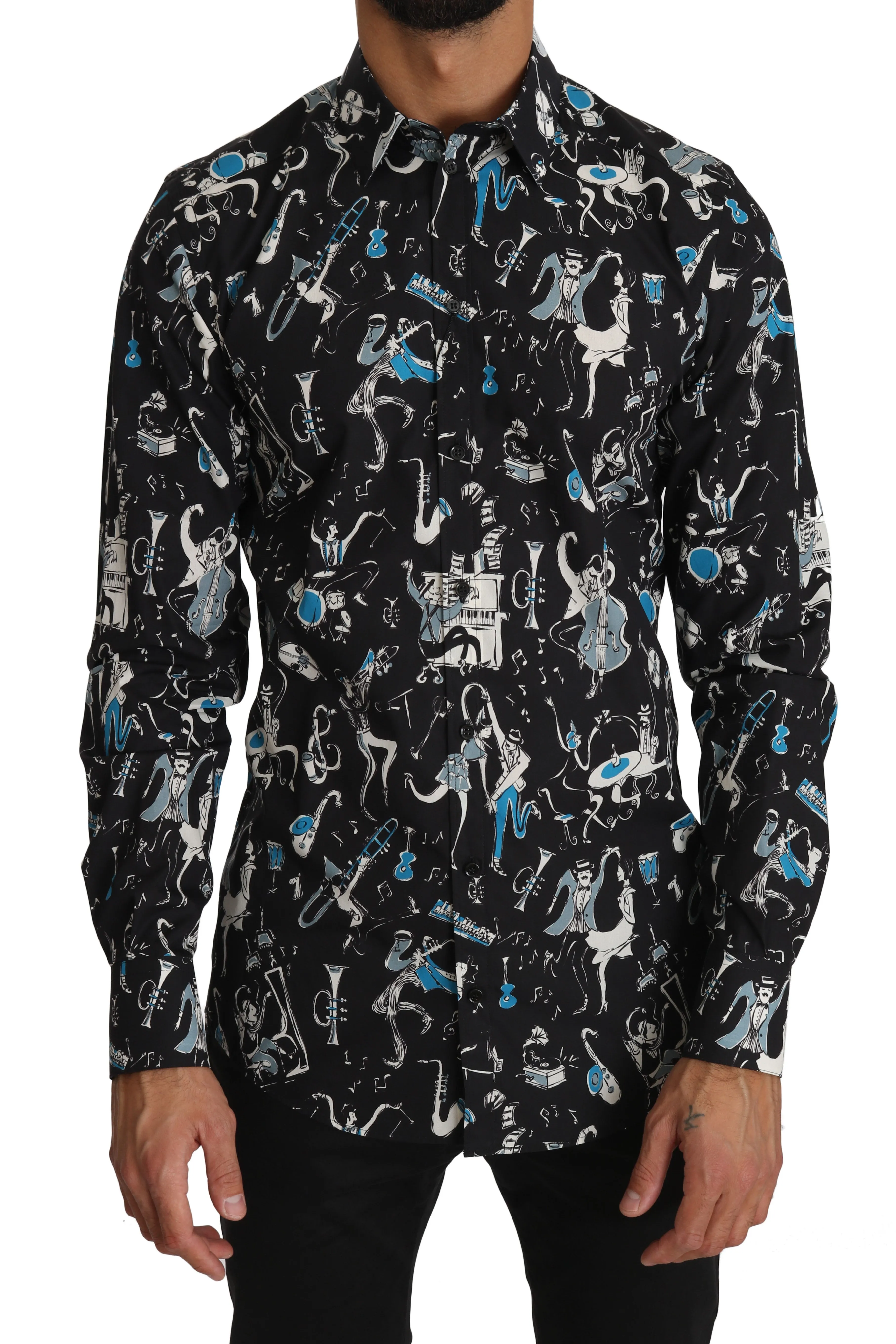 Black Cotton JAZZ Motive Print GOLD Mens Shirt