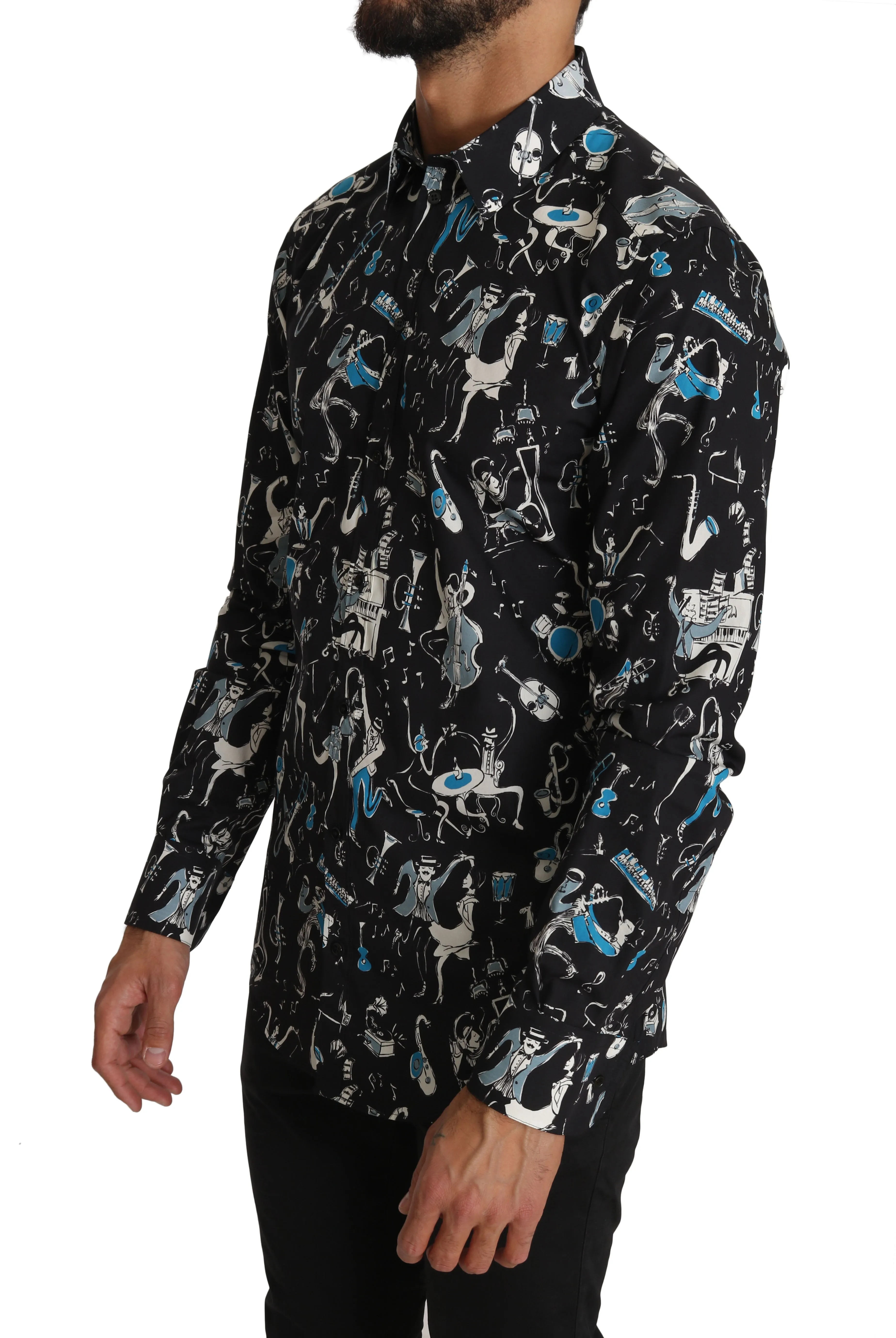 Black Cotton JAZZ Motive Print GOLD Mens Shirt