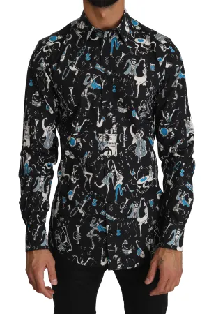Black Cotton JAZZ Motive Print GOLD Mens Shirt