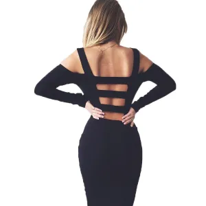 Black White Solid Long Sleeve Bandage Party Dress Hollow Out Off The Shoulder Backless Midi Bodycon Women Dresses