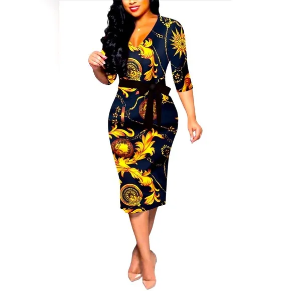 Black/Gold V-Neck Baroque Bodycon Midi Sheath Dress w/Belt, NWOT