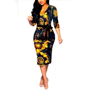 Black/Gold V-Neck Baroque Bodycon Midi Sheath Dress w/Belt, NWOT