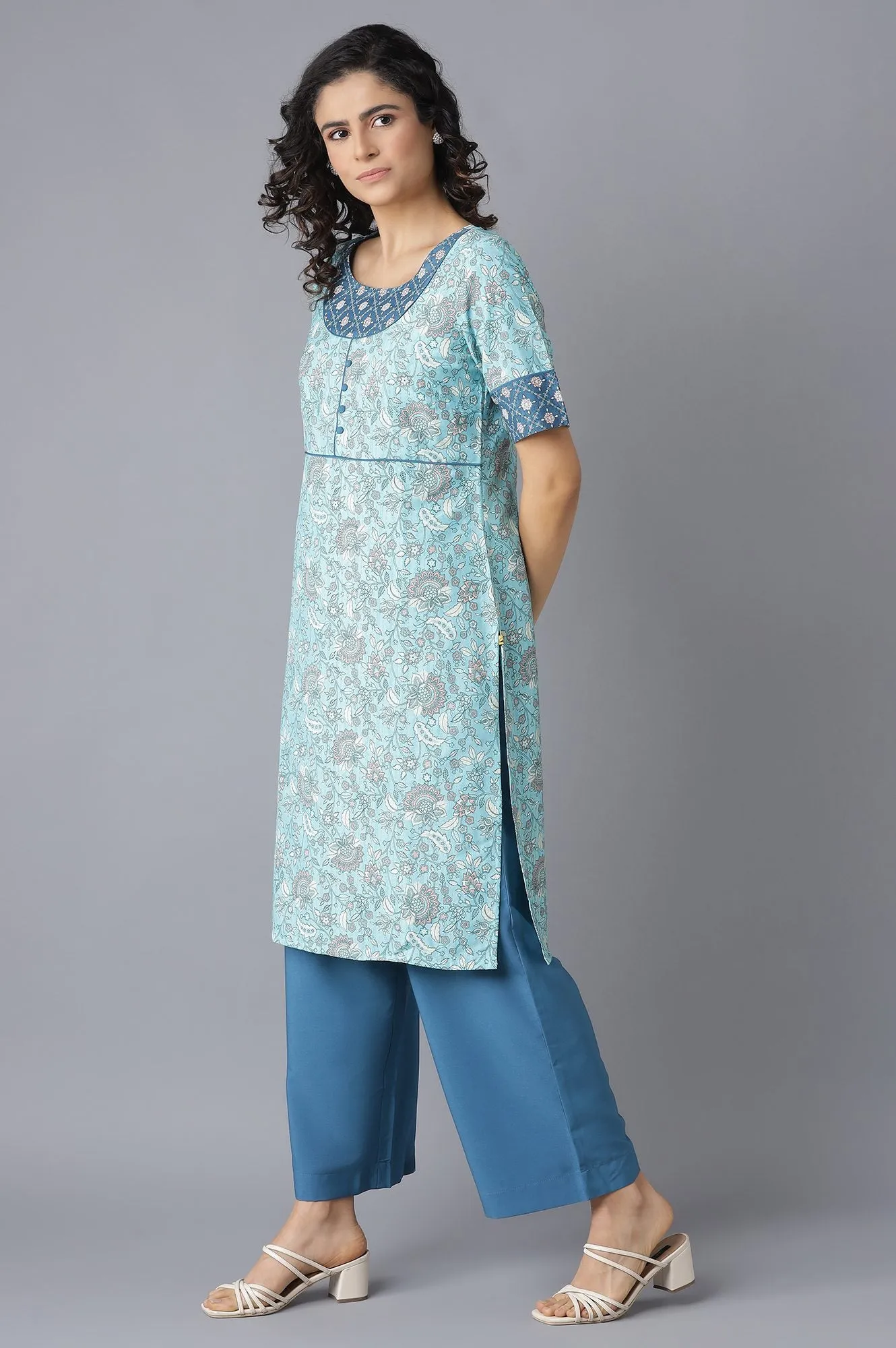 Blue Printed Ethnic kurta and Culottes Set