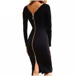 Bodycon Sheath Dress Little Black Long Sleeve Party Dresses Women Clothing Back Full Zipper Robe Sexy Femme Pencil Tight Dress