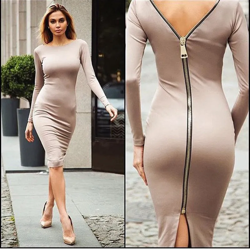 Bodycon Sheath Dress Little Black Long Sleeve Party Dresses Women Clothing Back Full Zipper Robe Sexy Femme Pencil Tight Dress