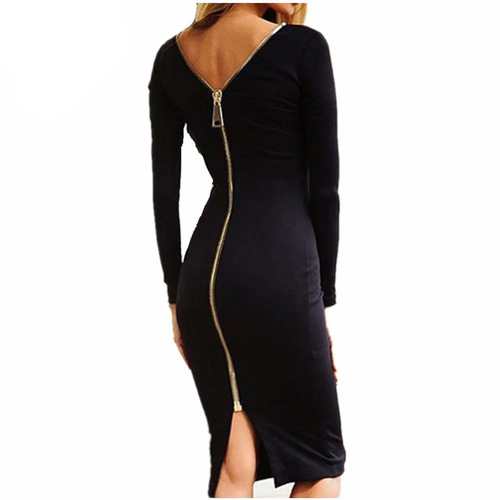 Bodycon Sheath Dress Little Black Long Sleeve Party Dresses Women Clothing Back Full Zipper Robe Sexy Femme Pencil Tight Dress