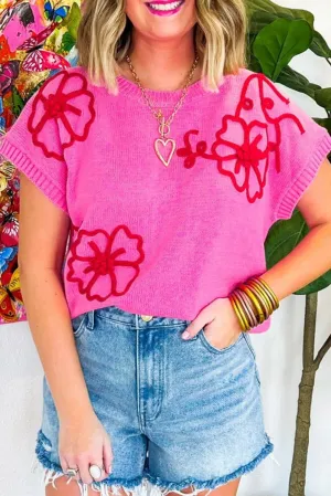Bright Pink Corded Flower Embroidery Short Sleeve Knitwear Top