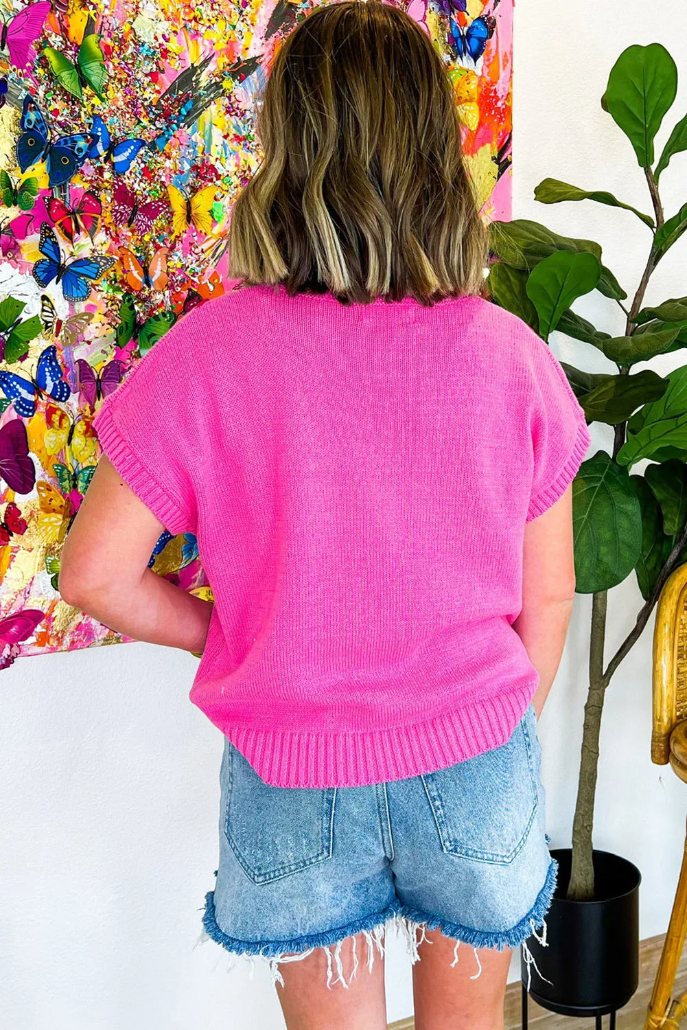 Bright Pink Corded Flower Embroidery Short Sleeve Knitwear Top