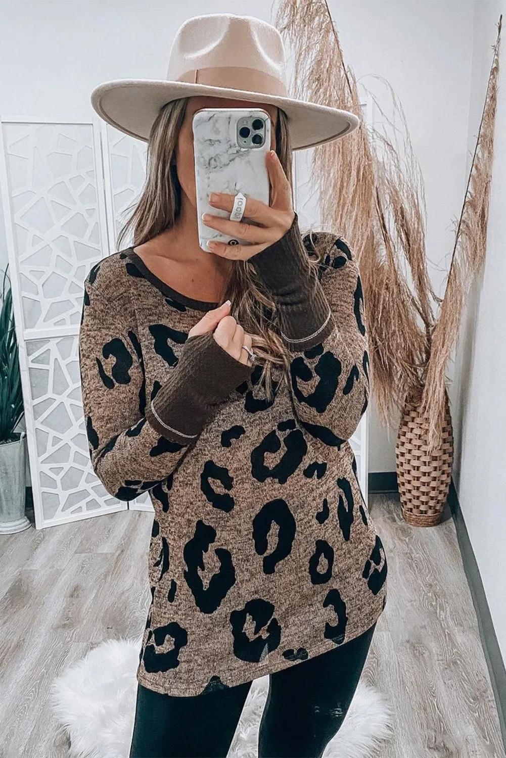 Brown Leopard Spling Thumbhole Long Sleeve Top