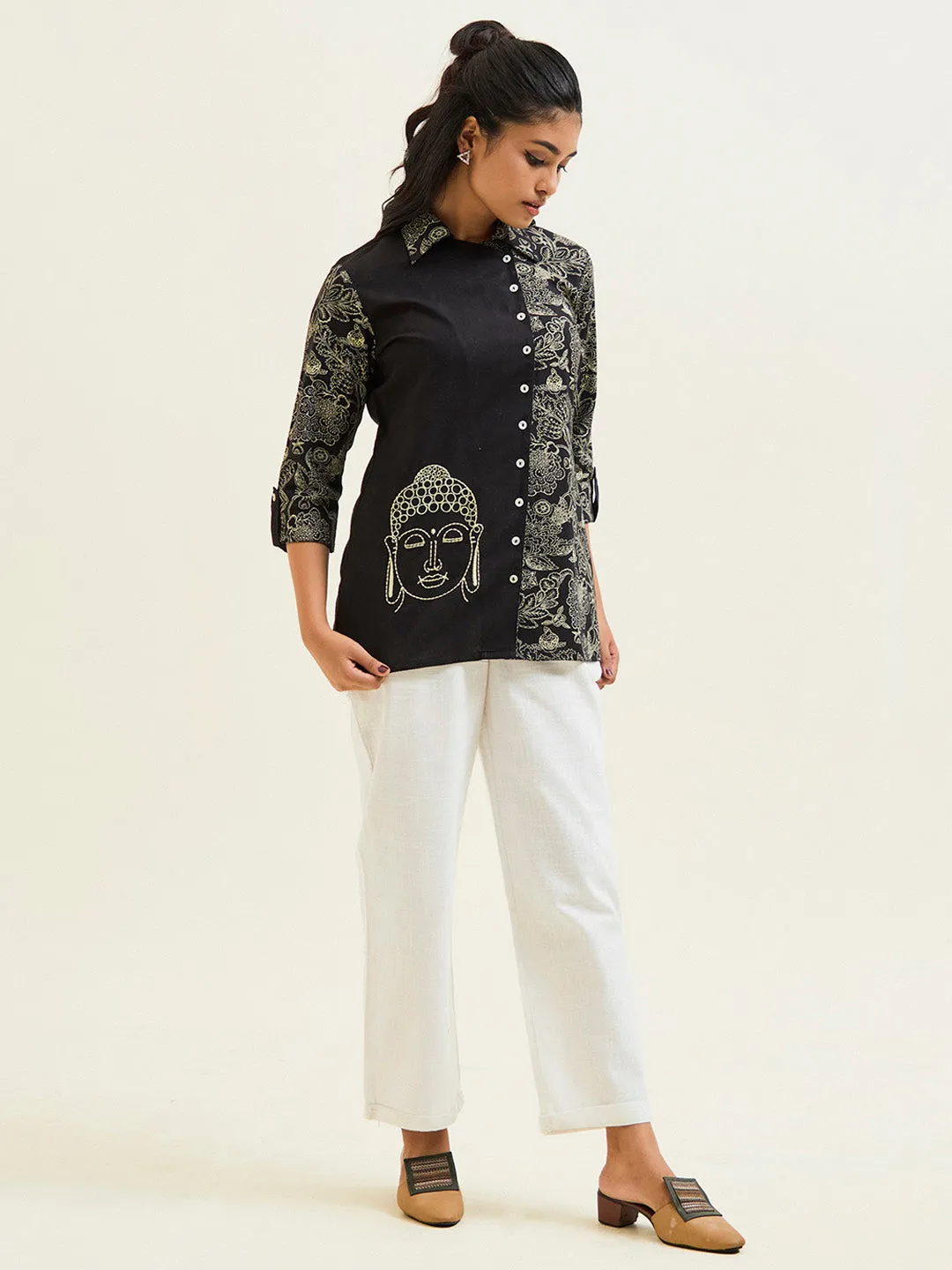Buddha Embroidered Handblock Printed Overlapped Shirt