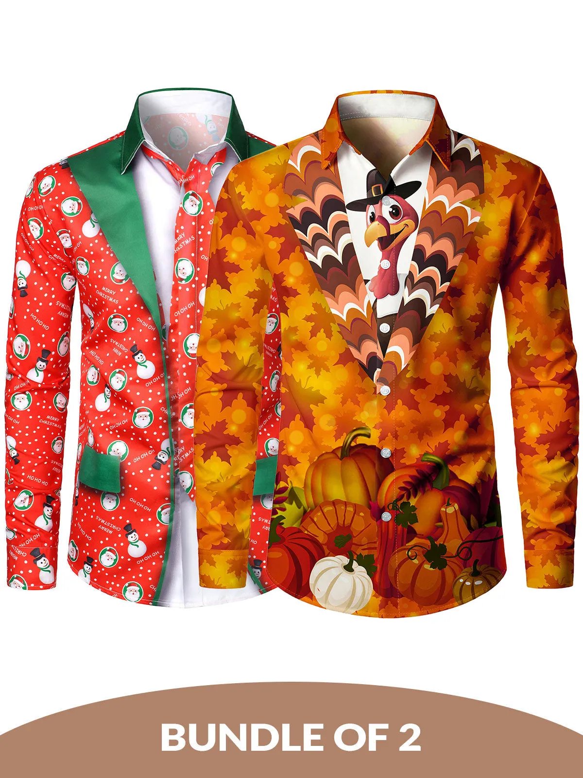 Bundle Of 2 | Men's Thanksgiving Christmas Turkey Pumpkin Snowman Santa Funny Long Sleeve Shirts