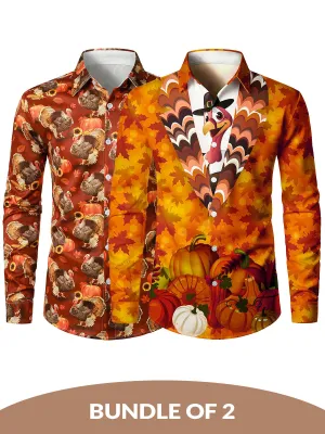 Bundle Of 2 | Men's Thanksgiving Turkey Pumpkin Funny Holiday Long Sleeve Shirts