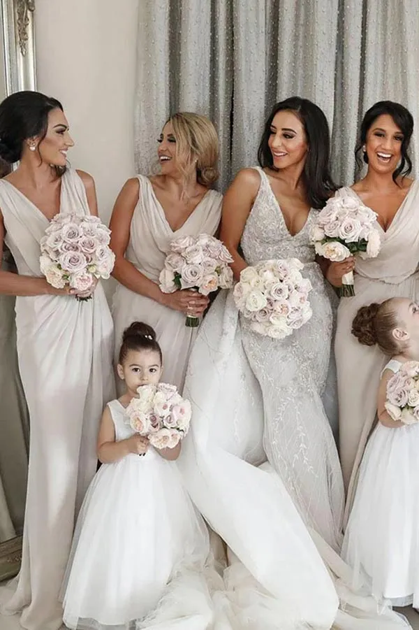 Chiffon Sheath V-neck Sleeveless Bridesmaid Dresses with Side Slit, MBD198