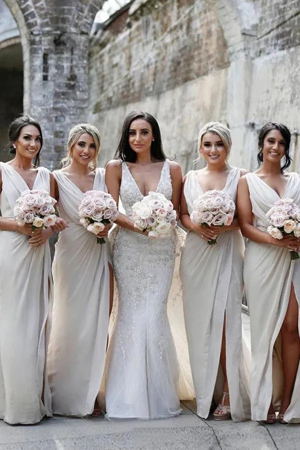 Chiffon Sheath V-neck Sleeveless Bridesmaid Dresses with Side Slit, MBD198