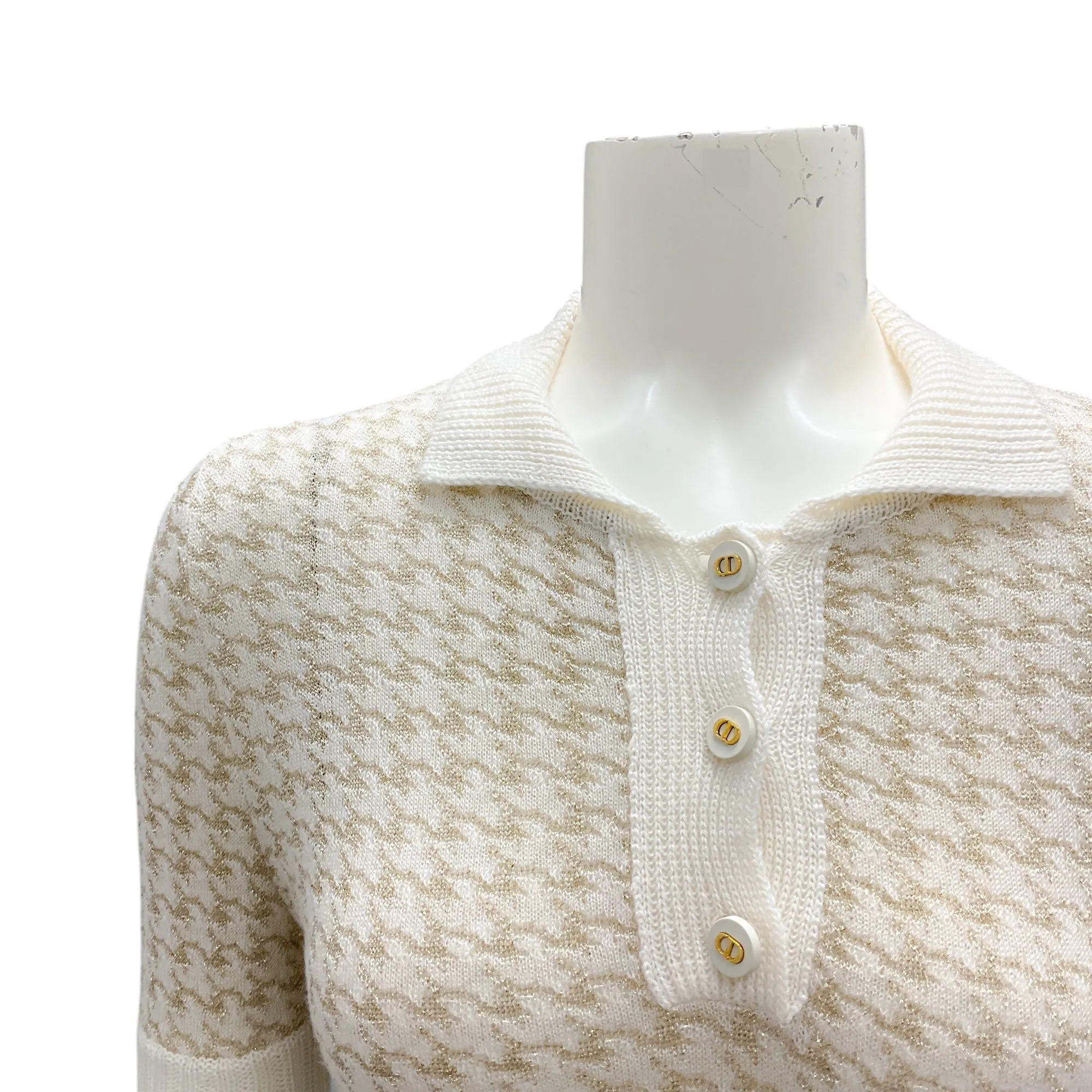 Christian Dior Ivory / Gold Metallic Short Sleeved Cashmere Knit Houndstooth Polo Sweater