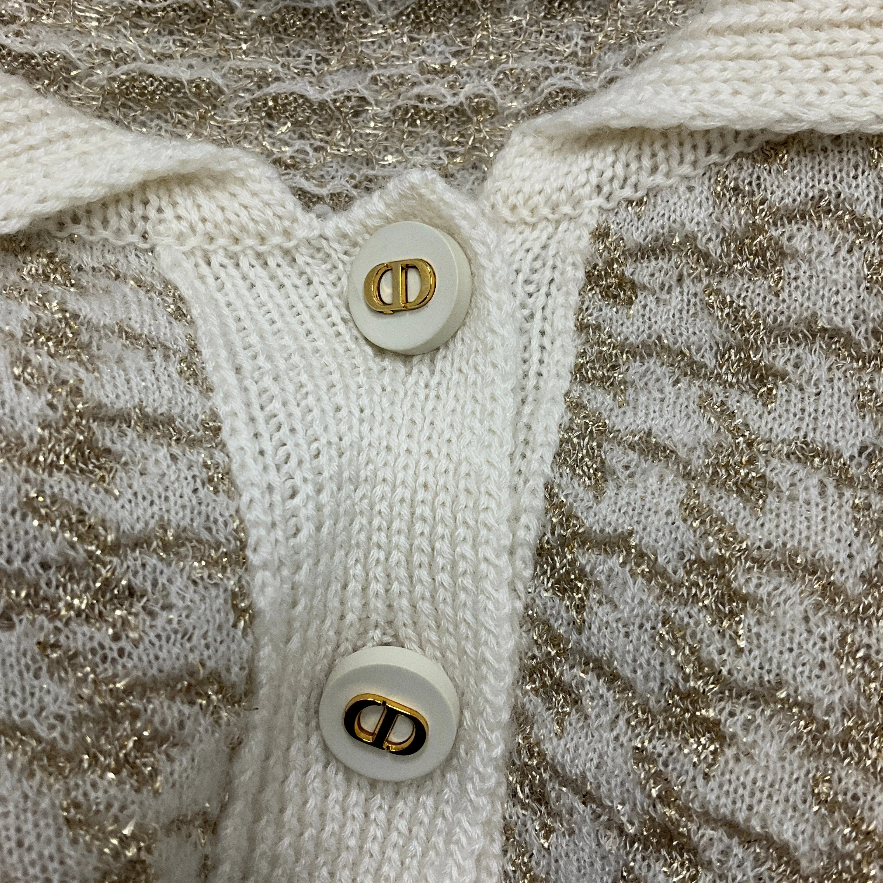 Christian Dior Ivory / Gold Metallic Short Sleeved Cashmere Knit Houndstooth Polo Sweater