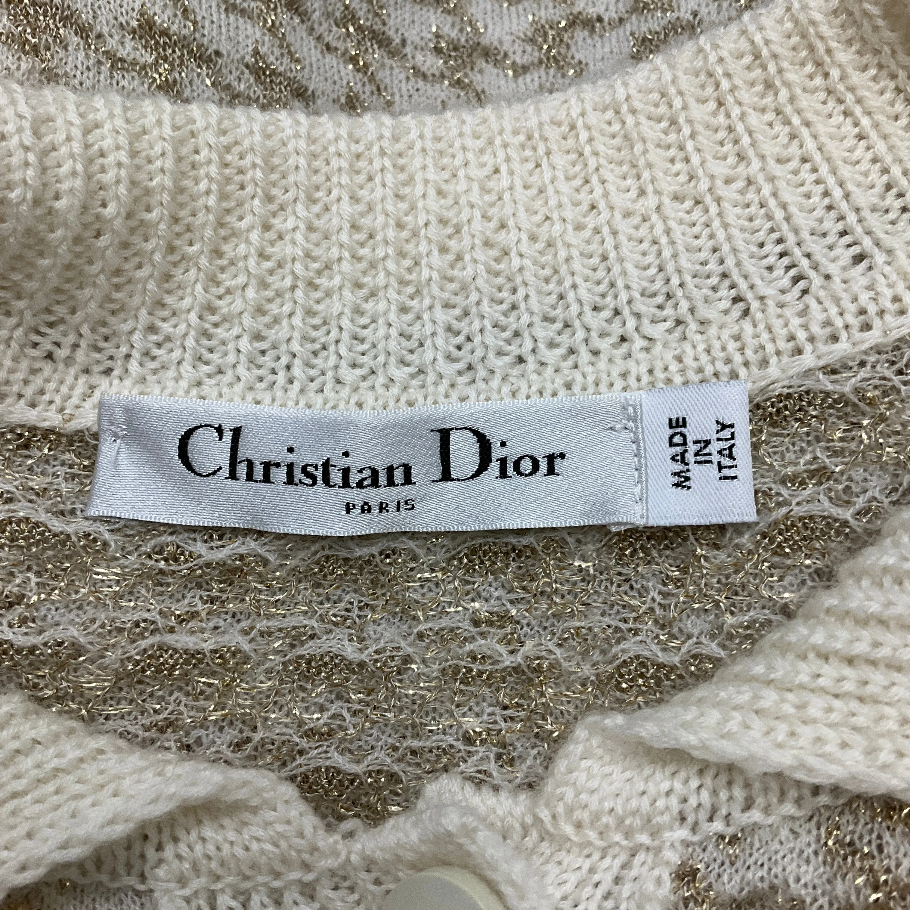 Christian Dior Ivory / Gold Metallic Short Sleeved Cashmere Knit Houndstooth Polo Sweater