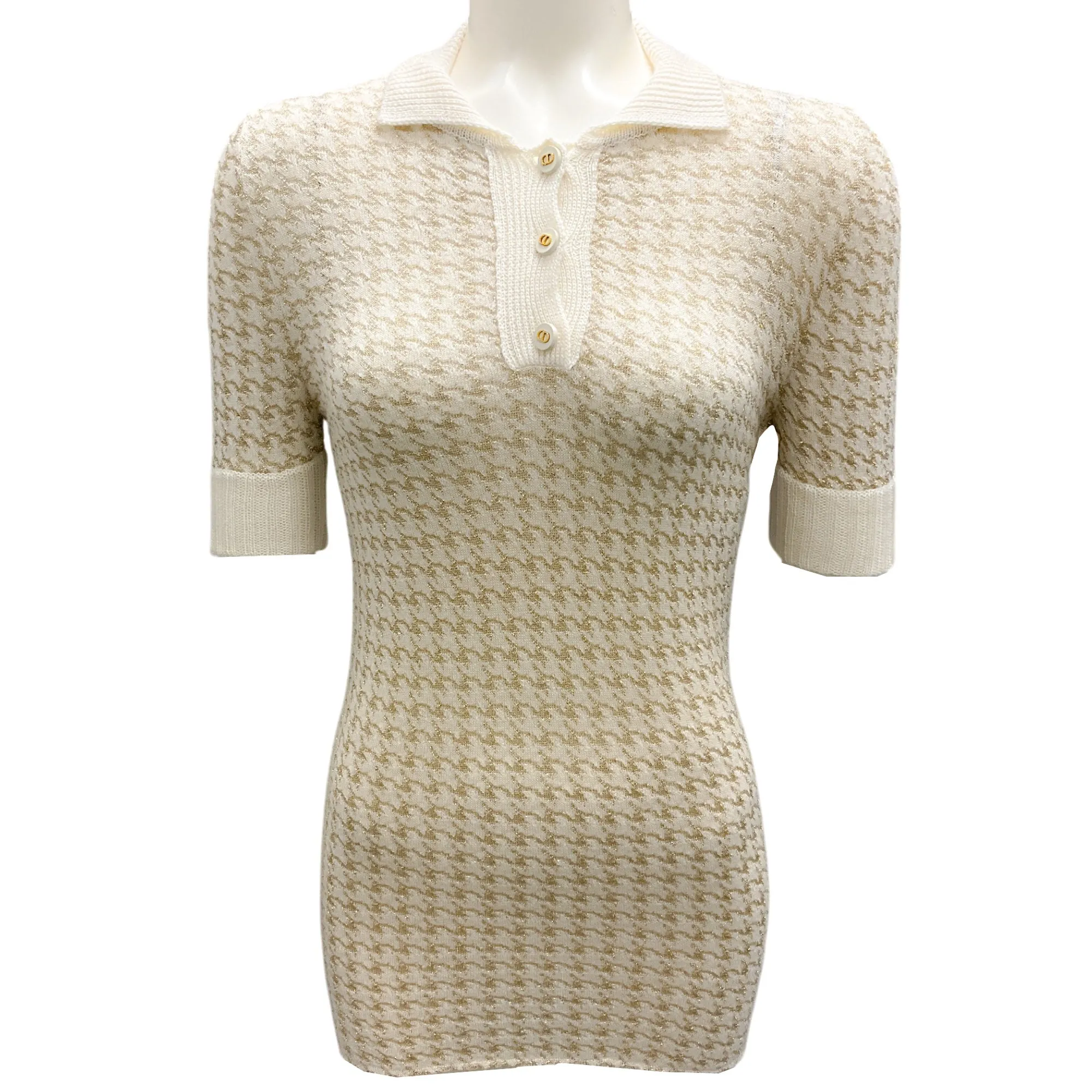 Christian Dior Ivory / Gold Metallic Short Sleeved Cashmere Knit Houndstooth Polo Sweater