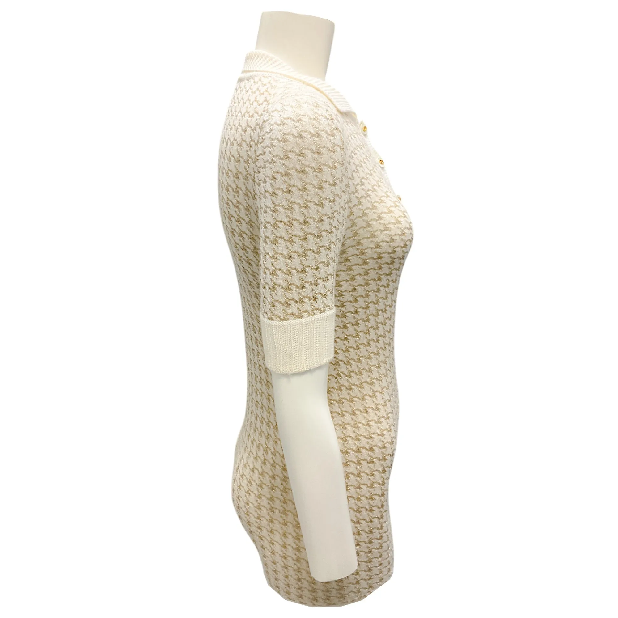 Christian Dior Ivory / Gold Metallic Short Sleeved Cashmere Knit Houndstooth Polo Sweater