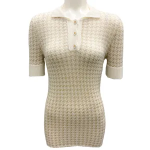 Christian Dior Ivory / Gold Metallic Short Sleeved Cashmere Knit Houndstooth Polo Sweater