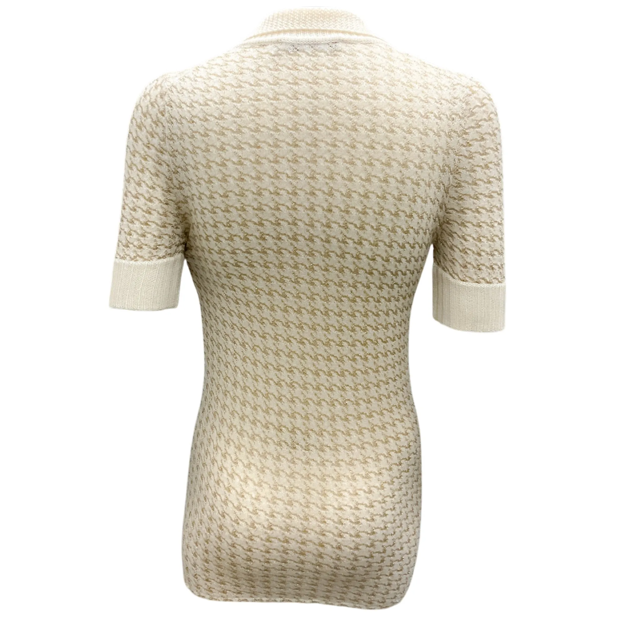 Christian Dior Ivory / Gold Metallic Short Sleeved Cashmere Knit Houndstooth Polo Sweater