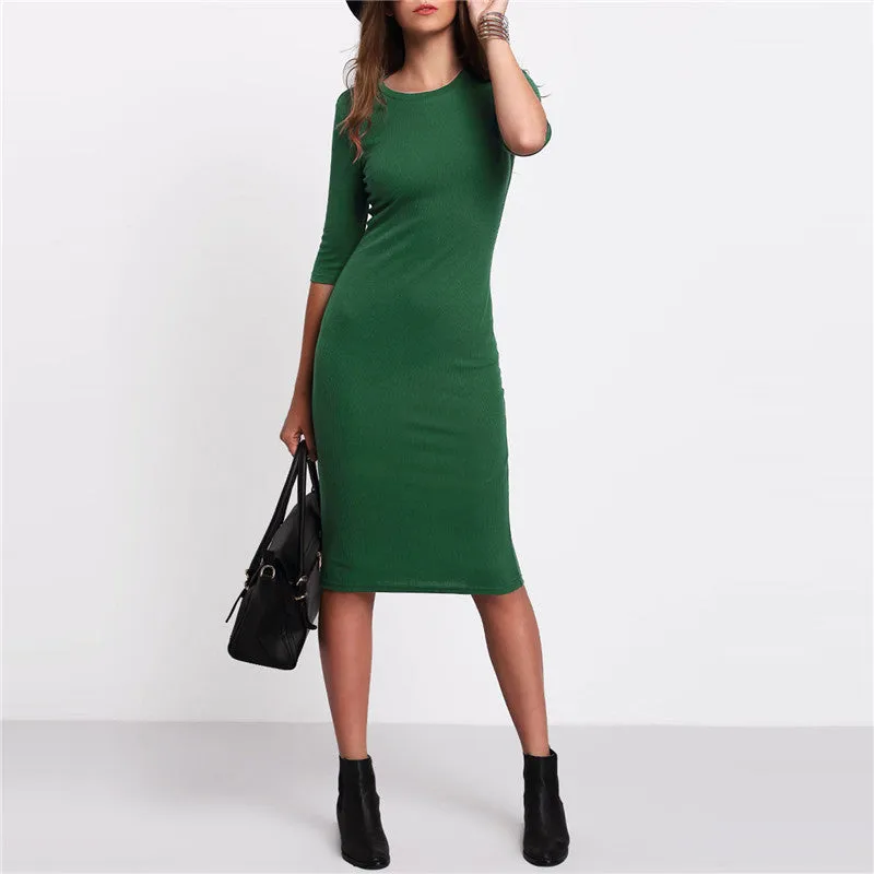 COLROVE Work Summer Style Women Bodycon Dresses Sexy Arrival Casual Green Crew Neck Half Sleeve Midi Dress